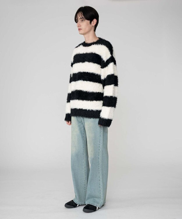 WEGO 【2025秋冬新作/ユニセックス着用ITEM/MLサイズ展開】フェザーニットプルオーバー ホワイトボーダー