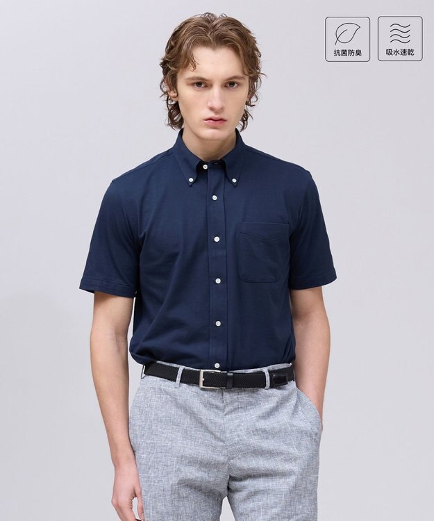 J.PRESS MEN 【吸水速乾 / 抗菌防臭 / 遮熱 / 防シワ】【J.PRESS OXFORD JERSEY】カノコインレイ半袖 シャツ / B.D. ネイビー系