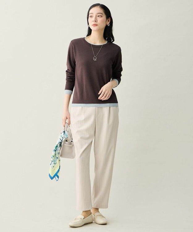 ANY カラーレイヤードニットTシャツ モカ×ブルー