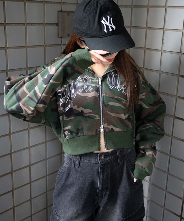 WEGO 【裏起毛】ラインストーン裏起毛ショートジップパーカー 柄1