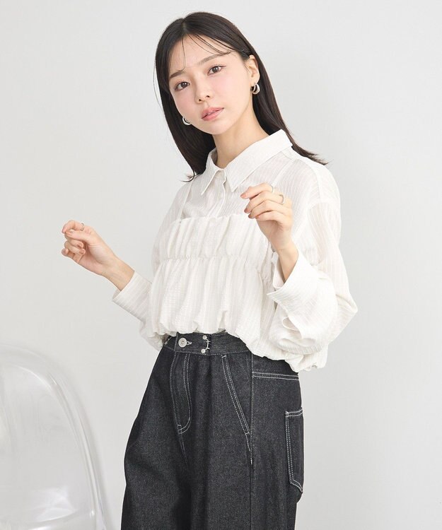 earth music&ecology ＳＥＴ２点起毛ストライプシャツ＋バルーンビスチェ Off White