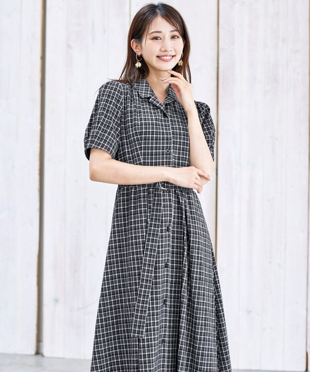 Tiaclasse 【洗える】開襟シャツワンピース ブラックチェック