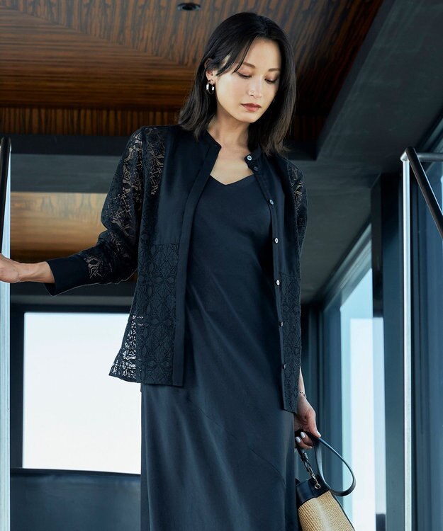 ICB 【洗える】タイルパターンレース バンドカラーシャツ ブラック系