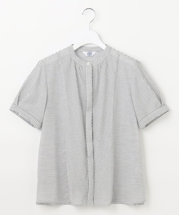 J.PRESS LADIES S 【洗える】ドビー強撚ストライプ 前開き ブラウス ネイビー系1