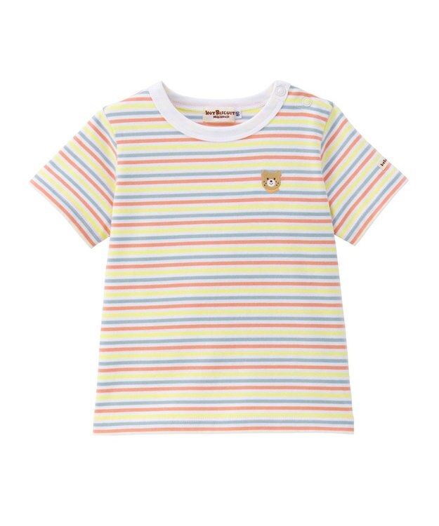 MIKI HOUSE HOT BISCUITS 【70-120cm】 みじんボーダー ワンポイント刺繍 半袖Tシャツ マルチカラー