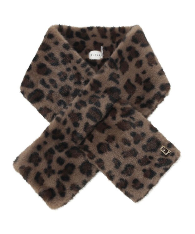 MOONBAT FURLA（フルラ）ビッグ差し込みファーティペット  アーチロゴ フェイクファー ダークブラウン