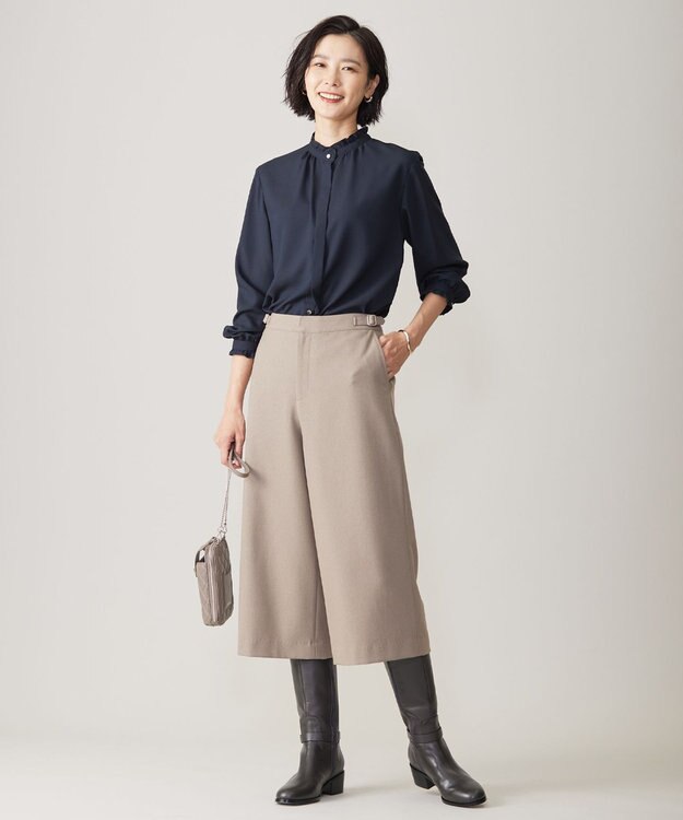 J.PRESS LADIES L 【洗える】ヌーディスバックサテン フリル襟 ブラウス ネイビー系