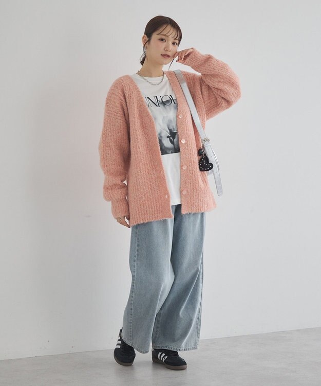 earth music&ecology 【ベルト付き】ＭＩＸカラーブークレカーディガン Pink Orange