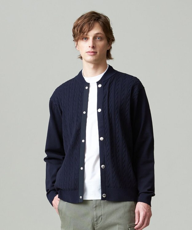 J.PRESS MEN 【ストレッチ性 / イージーケア】【FLEX YARN】ケーブルニットブルゾン型カーディガン ネイビー系