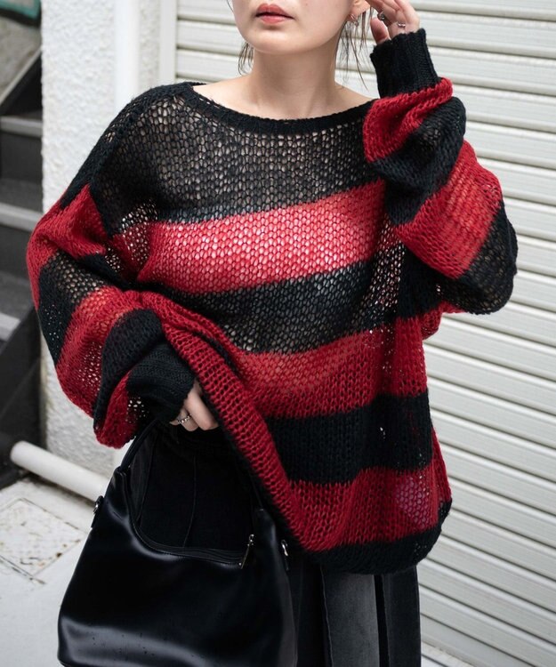 WEGO ボーダーモヘアタッチメッシュニットプルオーバー レッド