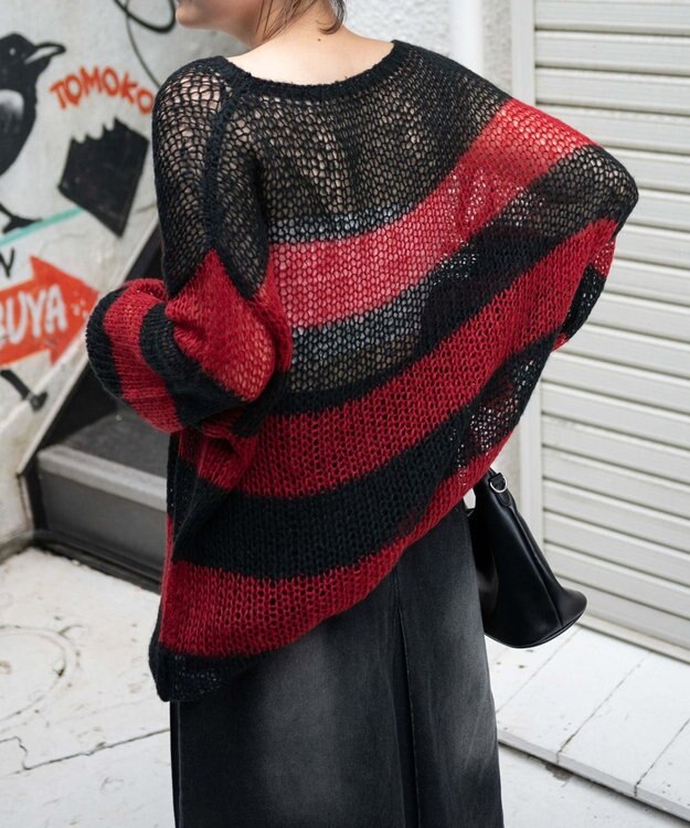 WEGO ボーダーモヘアタッチメッシュニットプルオーバー レッド