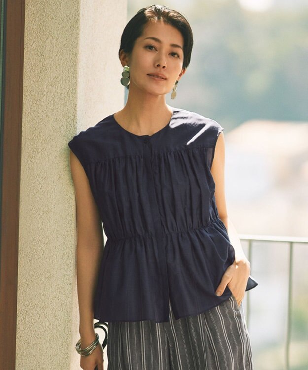 自由区 L 【カタログ掲載・洗える】シルクコットンローンフレンチスリーブ ブラウス コバルトブルー