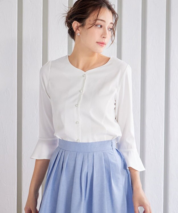 Tiaclasse 【洗える】ハートネックフレア袖ブラウス オフホワイト