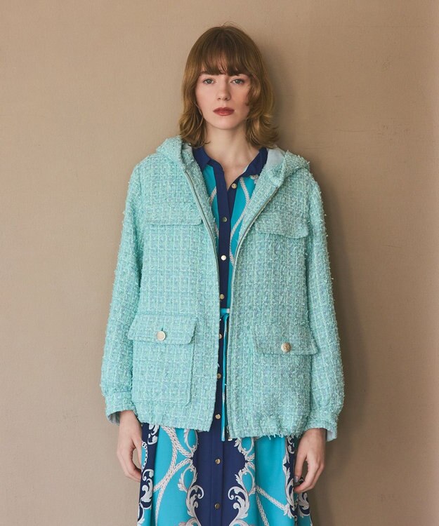 GRACE CONTINENTAL ツイードフーディーコート ミント