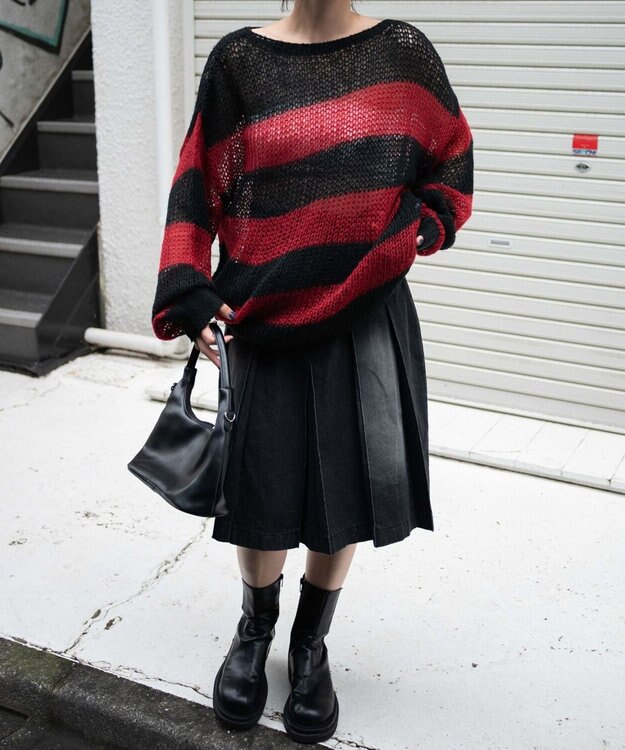 WEGO ボーダーモヘアタッチメッシュニットプルオーバー レッド