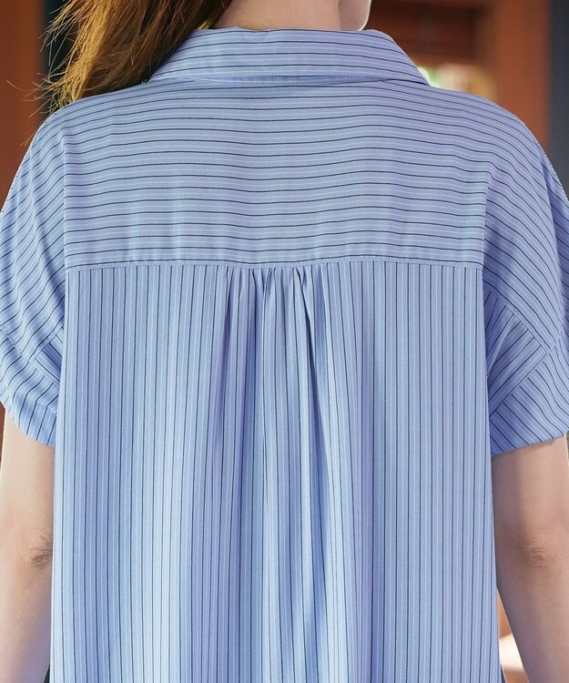 Tiaclasse L 【洗える】ストライプフリルシャツワンピース ブルーストライプ