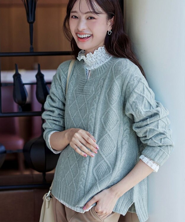 Tiaclasse L 【洗える】アラン柄キーネックニットトップス ミント