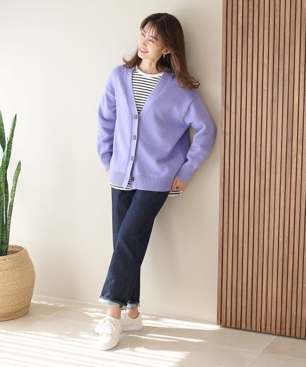 ANY 【洗濯機可】ラムウールVネック カーディガン ラベンダー