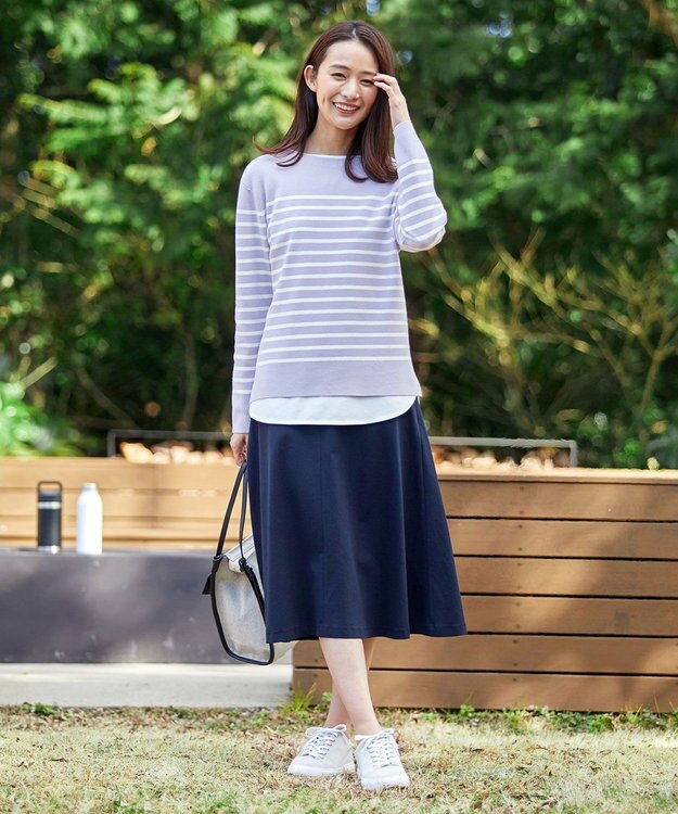 J.PRESS LADIES 【洗える】KATE パネルボーダー ボートネック ニット ふじ色系1