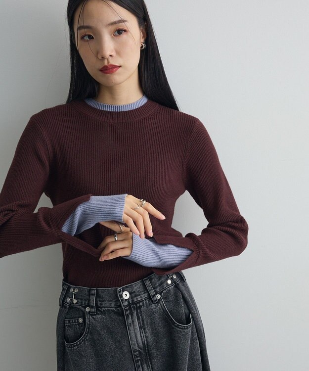 Green Parks ダブルカフスモックネック配色ニット Brown