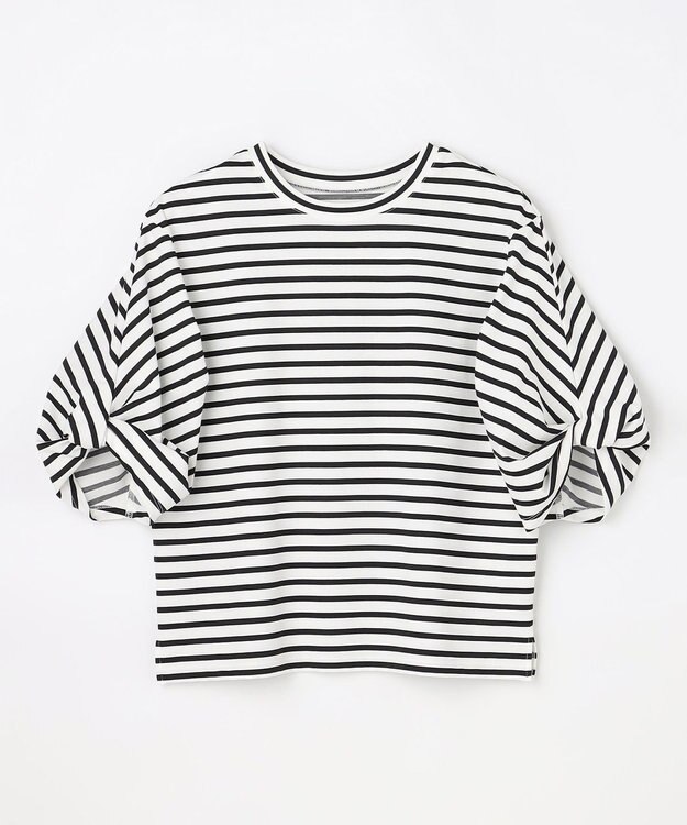 ANY L ツイストスリーブボーダートップス オフ×ブラック