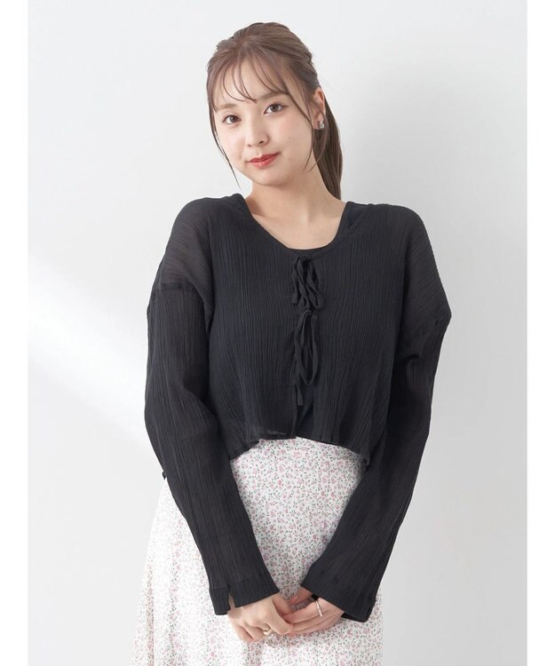 earth music&ecology ＳＥＴ２点クレープリボンブラウス＋インナー Black