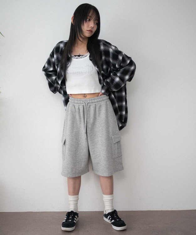 WEGO 【ウエストゴム】スウェットカーゴハーフパンツ 杢グレー