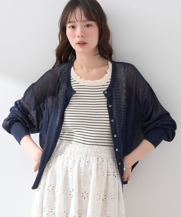 earth music&ecology 接触冷感シアークルーニットカーディガン Navy