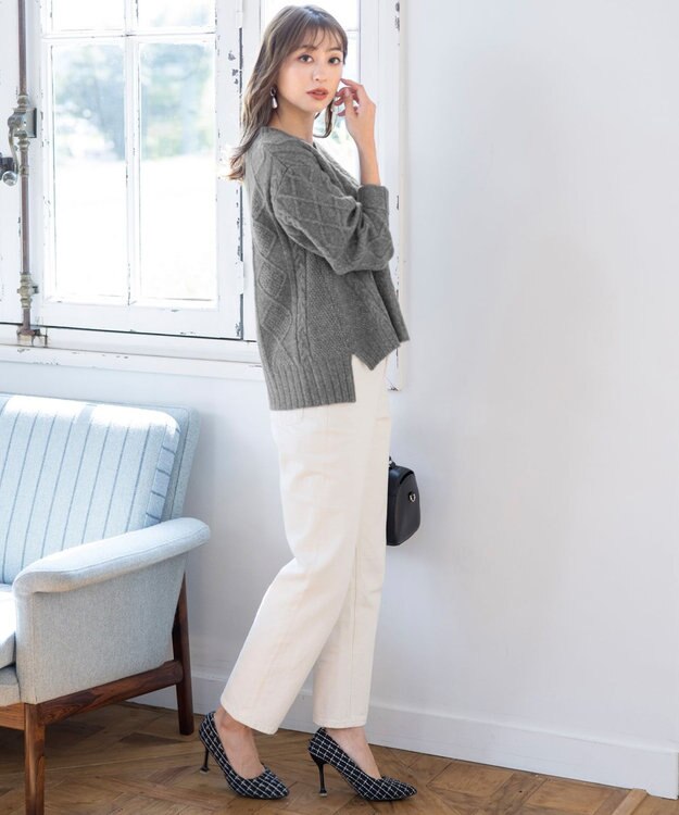 Tiaclasse L 【洗える】アラン柄キーネックニットトップス チャコールグレー