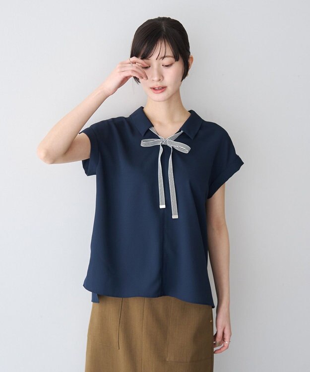 YECCA VECCA 2wayストライプリボンブラウス Navy