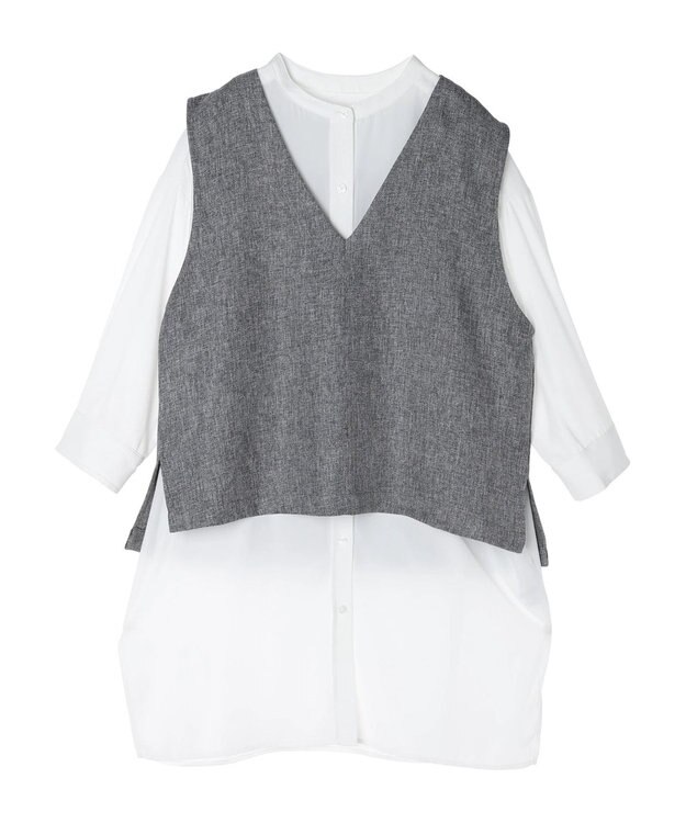 Green Parks ＳＥＴ２点Ｖネックベスト＋７分袖ミディシャツワンピース Gray Mixture
