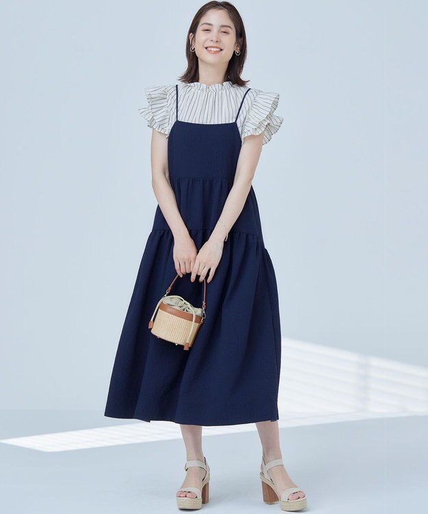 組曲 【WEB限定】クレープストレッチ ティアードキャミワンピース ネイビー系
