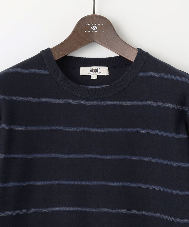 JOSEPH ABBOUD 【洗える】コットンカスリボーダー クルーネック ニット ネイビー系2
