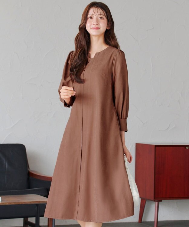 Tiaclasse 【洗える】ピーチスキンAラインワンピース キャメル