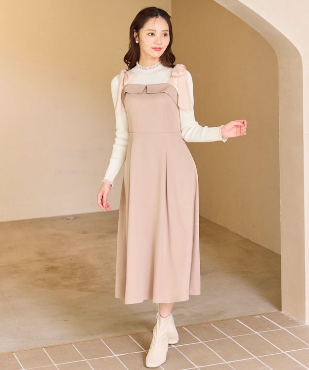 Feroux シアーリボンショルダー ジャンパースカート ピンク系