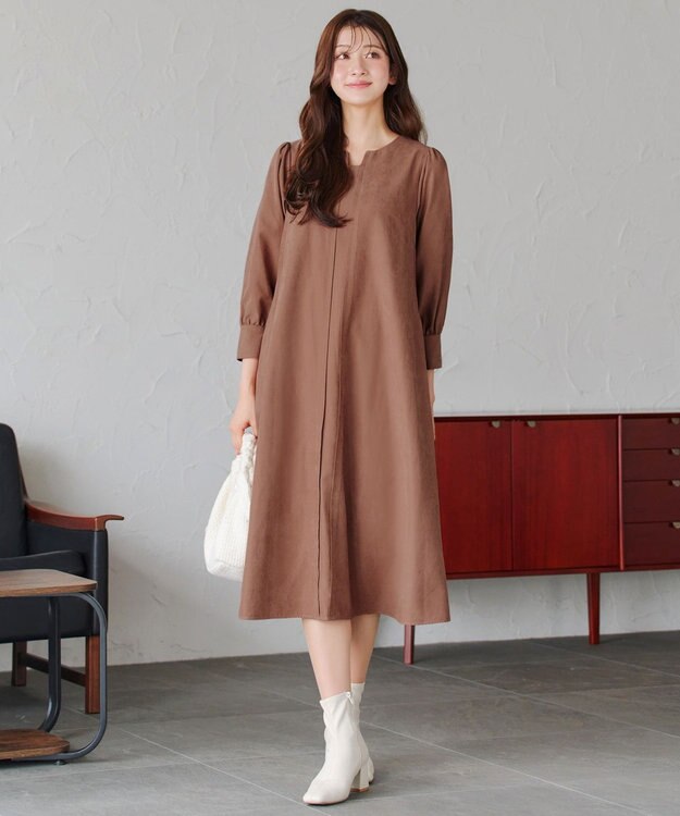 Tiaclasse 【洗える】ピーチスキンAラインワンピース キャメル