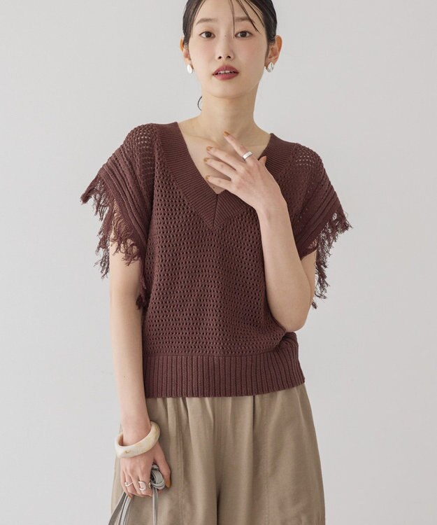 AMERICAN HOLIC 袖フリンジショート丈プルオーバー Brown