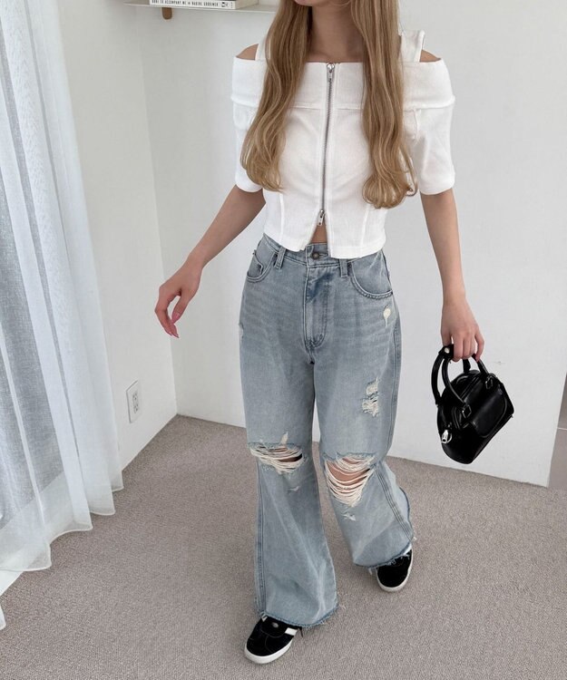 WEGO ダメージフレアデニムパンツ デニム淡加工色