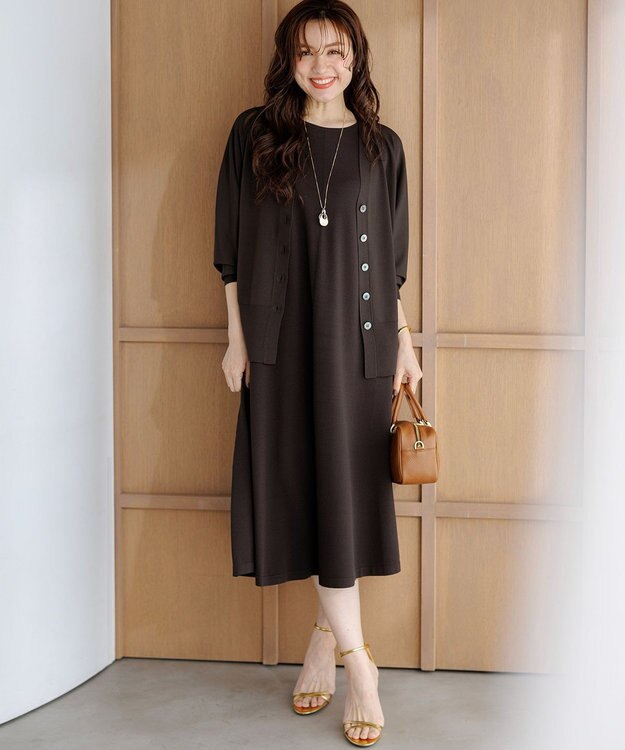 23区 L 【先行予約/Lサイズ限定】レーヨンポリエステルストレッチ ニット フレア ワンピース ダークブラウン系