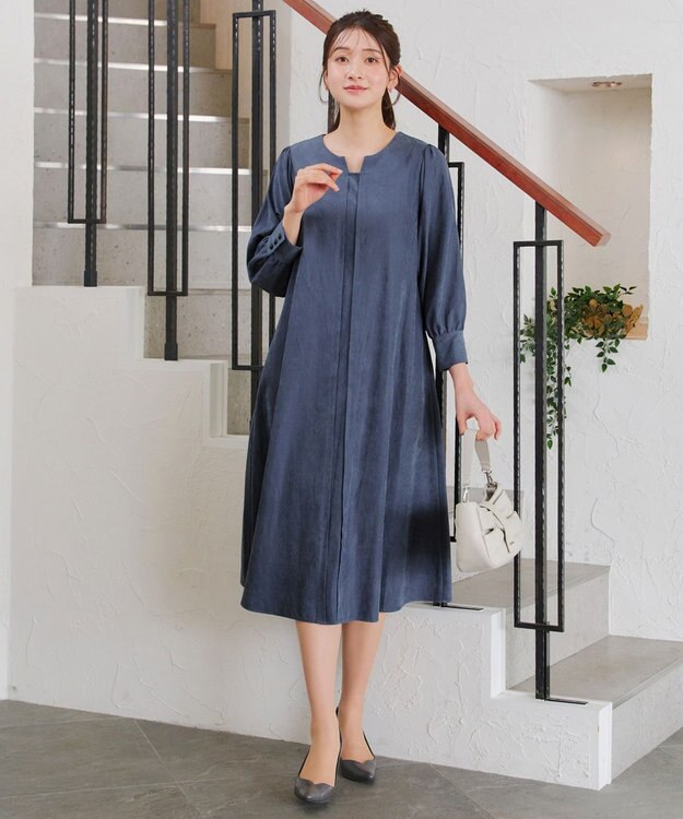 Tiaclasse 【洗える】ピーチスキンAラインワンピース ブルー