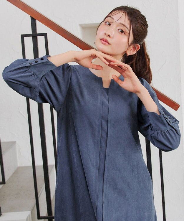 Tiaclasse 【洗える】ピーチスキンAラインワンピース ブルー