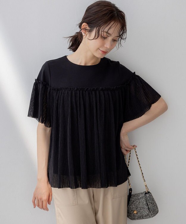 組曲 S プリーツコンビ5分袖 カットソー ブラック系