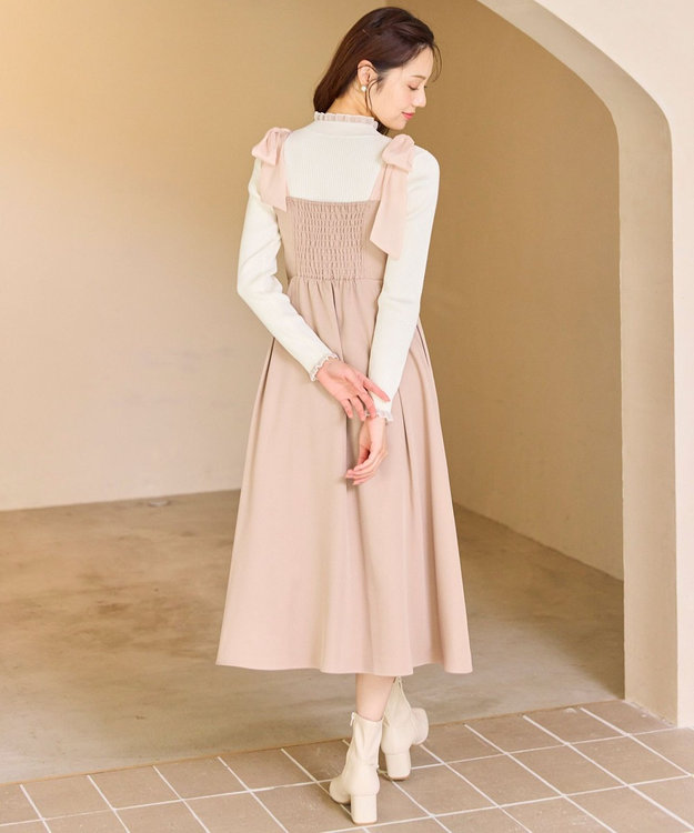 Feroux シアーリボンショルダー ジャンパースカート ピンク系