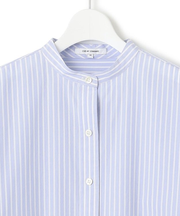 23区 S 【洗える】CANCLINI バンドカラー シャツ サックスブルーストライプ