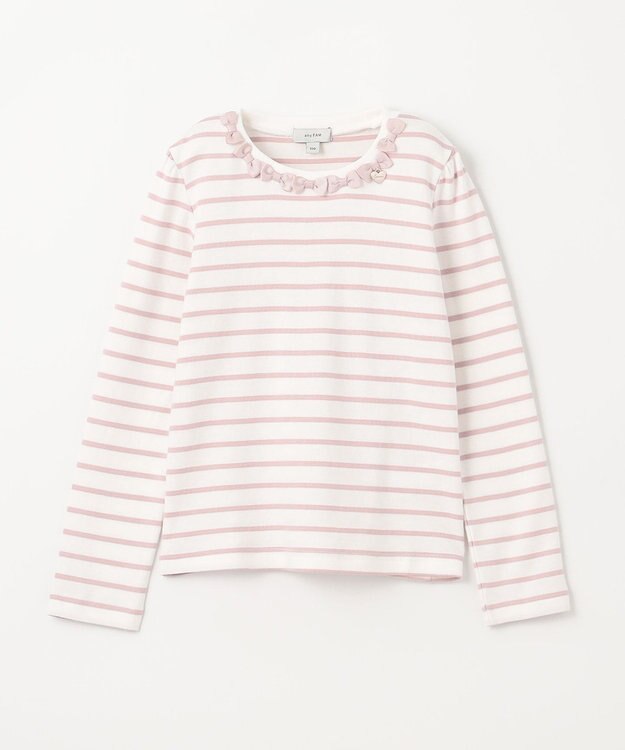 ANY KIDS リボン×ボーダー長袖Tシャツ ピンク×エクリュ