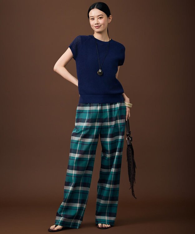 自由区 【SHIHOさん着用・セットアップ対応】コットンリネンチェックワイドストレート パンツ グリーン×ネイビー系