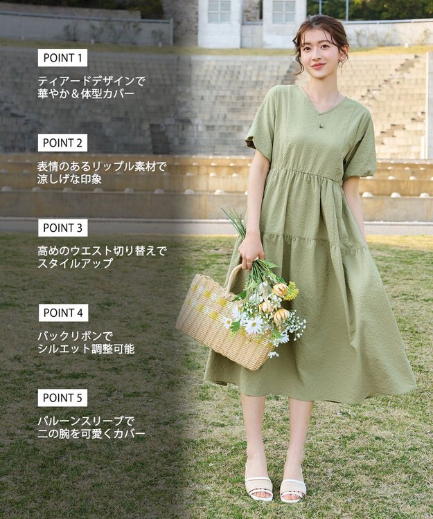 Tiaclasse リップルティアードワンピース ミント