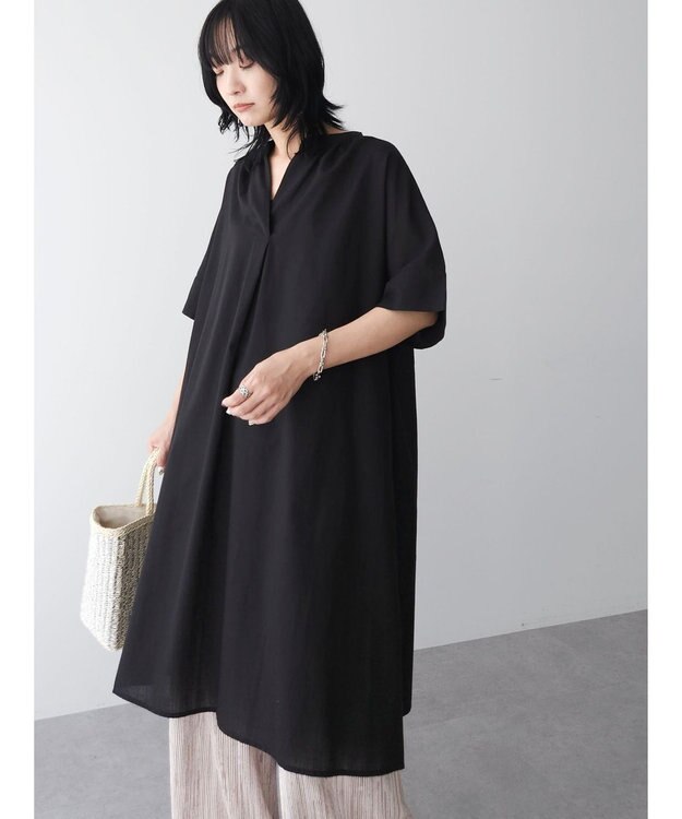 Green Parks 綿麻混スキッパーミニワンピース Black