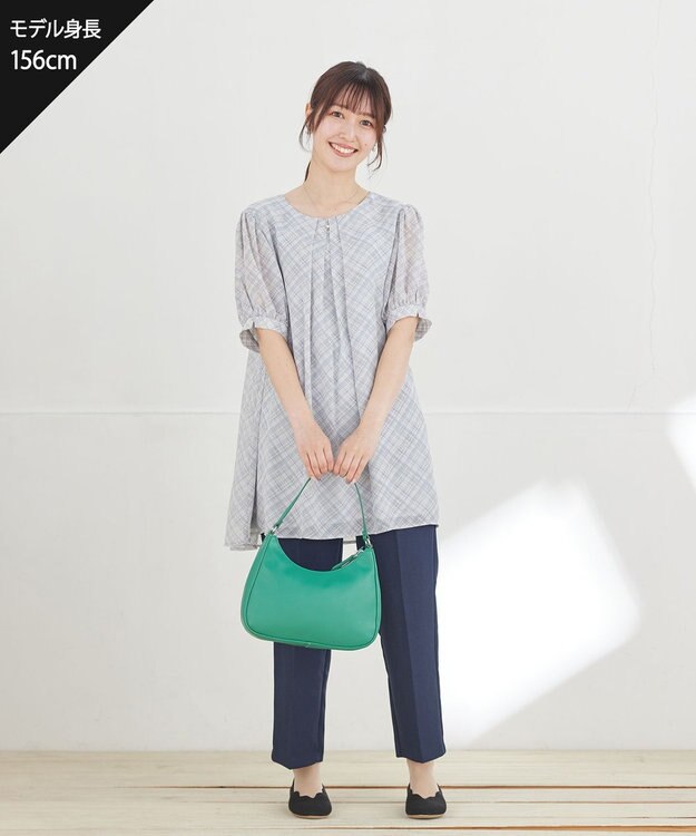 Tiaclasse シフォンチェックパフスリーブチュニック グレー
