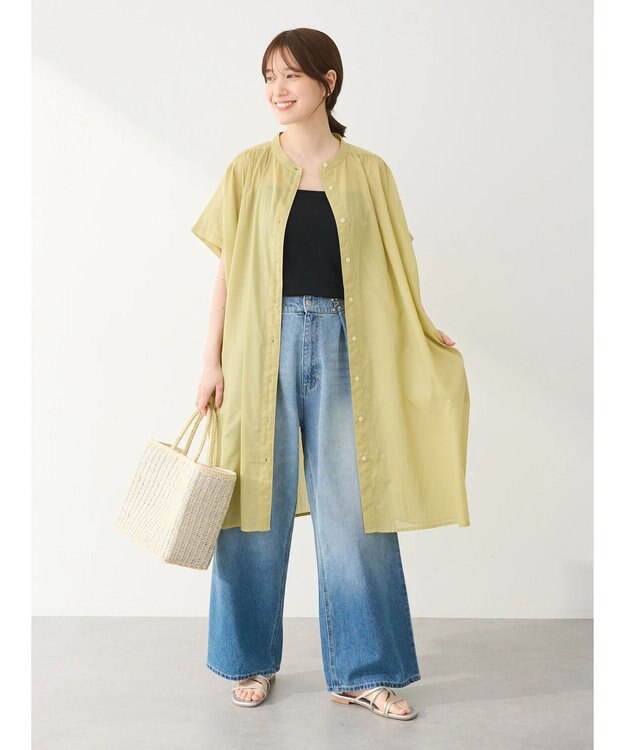 Green Parks インド綿　パイピングバンドカラーシャツチュニック Light Green